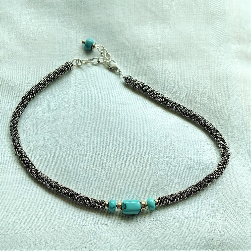 Sterling Silver Beaded Turquoise Necklace 62.0g